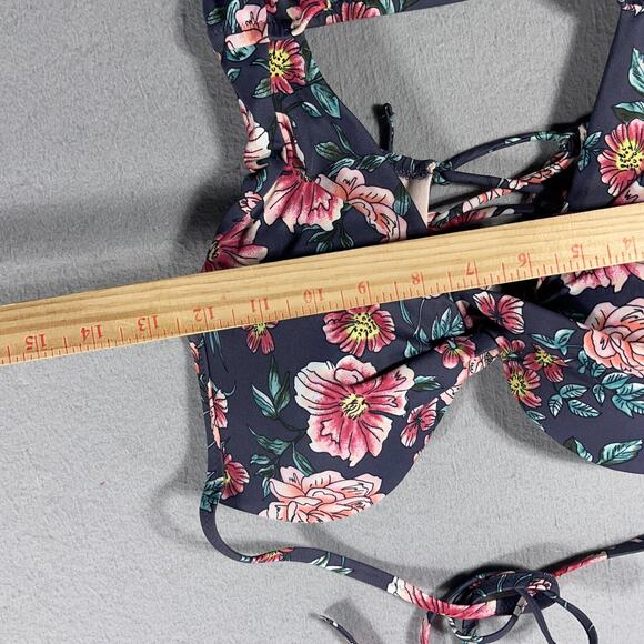 Shade and Shore One Piece Swimsuit Women 34D Navy Floral Cutout Lace Up Back - Picture 3 of 9